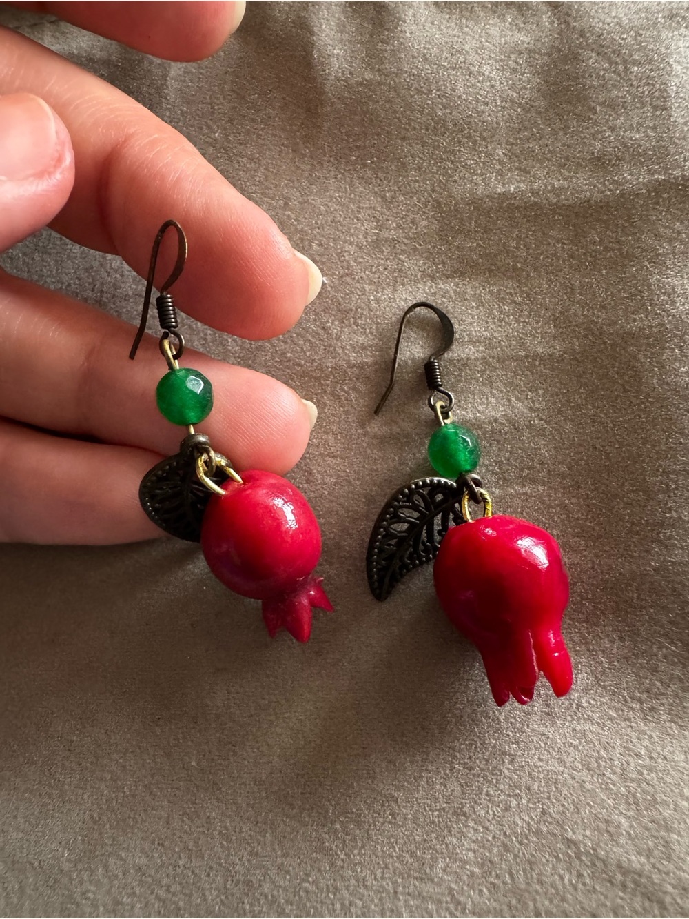Handmade Red Pomegranate Drop Earrings with Green Bead